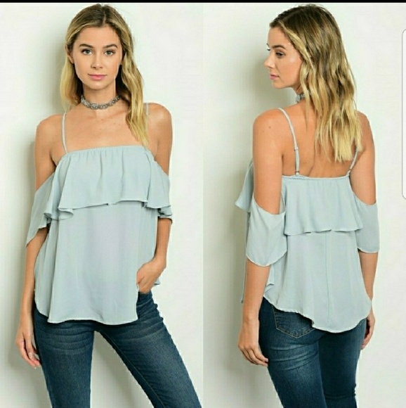 Sip N' Sparkle Tops - Dusty Blue Ruffle Chiffon Top Sip N' Sparkle Tops - Dusty Blue Ruffle Chiffon Top
